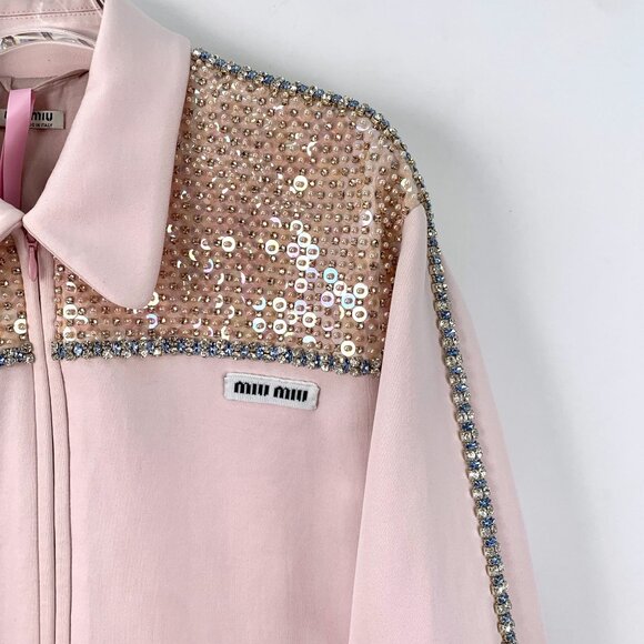 Miu Miu Pink Sequin & Diamond-Embellished Long-Sleeve Zip Jacket Size S - Picture 7 of 8